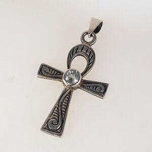 925 Sterling Ankh Cross Pendant White Topaz Silver Egyptian Jewelry Symbol